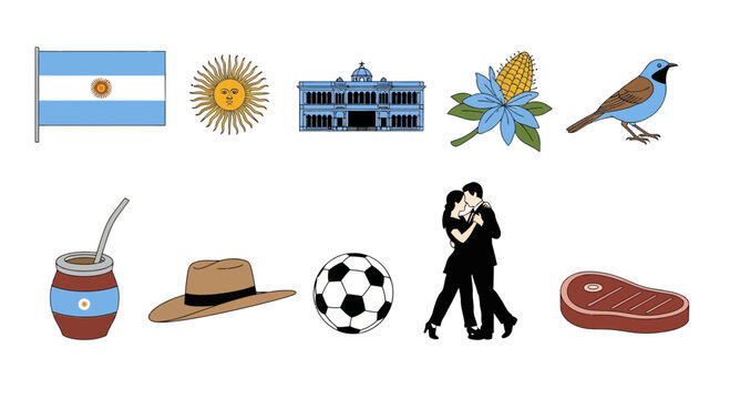 Ten distinct vector illustrations representing Argentine national symbols