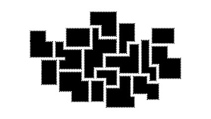 Obraz premium abstract collage of interlocking black shapes with perforated stamp edges creating a dynamic geometric pattern on a clean white background.