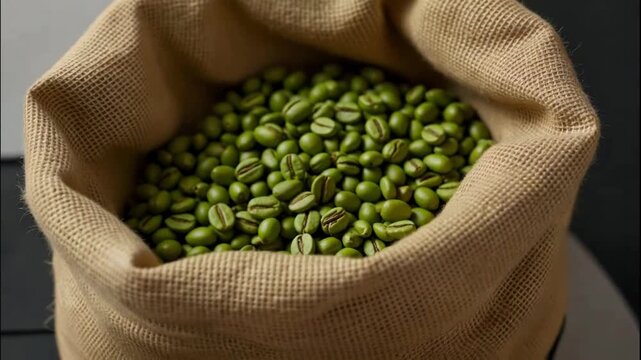 Green coffee bean unroasted coffee in burlap sack, close up raw bean organic coffee harvest agriculture concept, overhead rustic jute bag texture, fresh coffee seed for roasting copy space