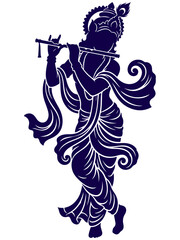Stylized depiction of lord krishna playing a flute in a blue silhouette