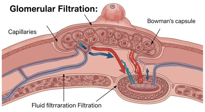Glomerular Filtration: Kidney Nephron Capillaries and Bowman's Capsule Anatomy Diagram