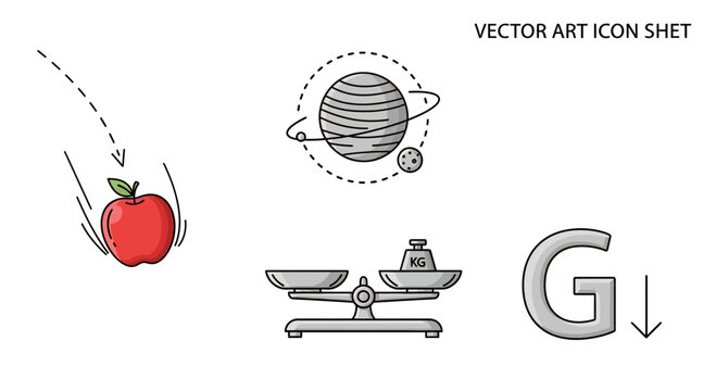 Gravity Concept: Falling Apple, Planet, Scales, and Letter G