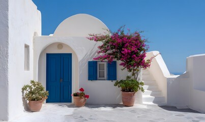 a Greek coastal village with a Cycladic church featuring a rounded outremer dome