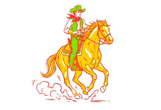 Cowboy riding a running horse illustration. Wild west rodeo spirit artwork. American western art design for apparel. Neon color graphic print. Texas c
