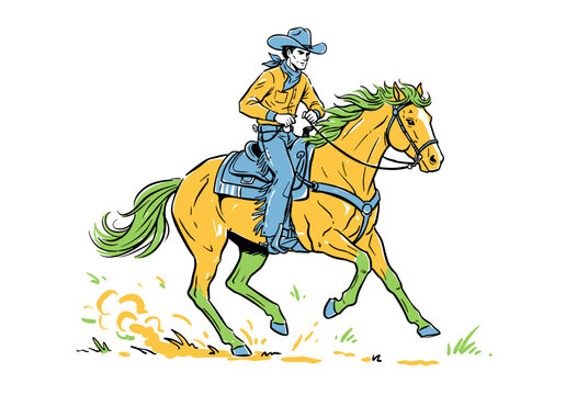 Cowboy riding horse illustration. Wild west rodeo vector design. Vintage western artwork for apparel. Horse rider graphics for t shirt. Ranch life cla