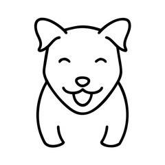 Obraz premium Minimalist happy dog icon, black line art, simple outline. Cartoon happy dog icon shows friendly puppy smiling, tongue out. Charming happy dog icon suitable for pet shop, animal care.