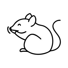 Obraz premium Minimalist mouse nibbling illustration, clean black line art style. Hand drawn cartoon depicts small rodent mouse nibbling contentedly, simple animal graphic.