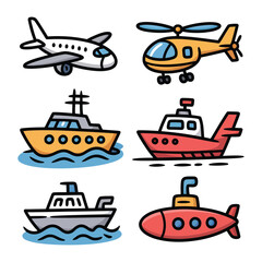 Transport Illustration Collection: A vibrant cartoon illustration showcasing a diverse array of transportation, capturing the spirit of movement and travel. 