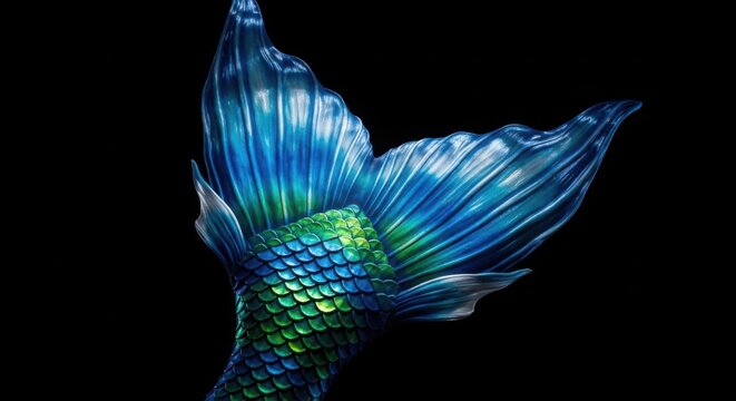 Vibrant blue and green fish tail with shiny scales on black background