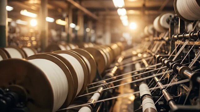 Spools of White Thread on an Industrial Weaving Machine in a Textile Factory.