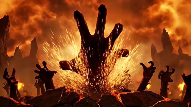Silhouetted Hands Reaching From a Fiery Underworld Inferno.