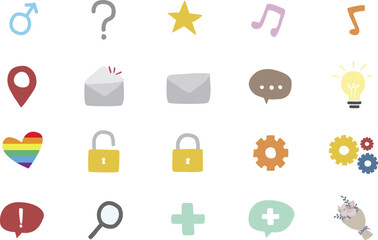 Collection of diverse icons representing communication, security, and creativity on a clean background from a straightforward viewpoint
