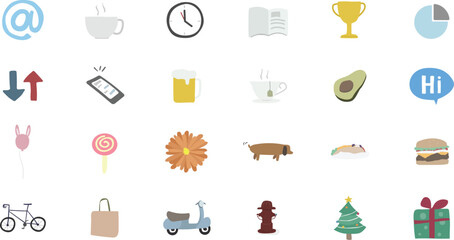 A collection of various icons representing daily life objects and activities displayed in a grid on a clean background