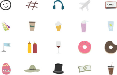 Collection of diverse icons representing various objects and concepts, including food, travel, and accessories, displayed on a clean background from a straightforward viewpoint