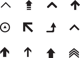 A collection of various black directional arrows pointing upwards on a plain background viewed from directly above