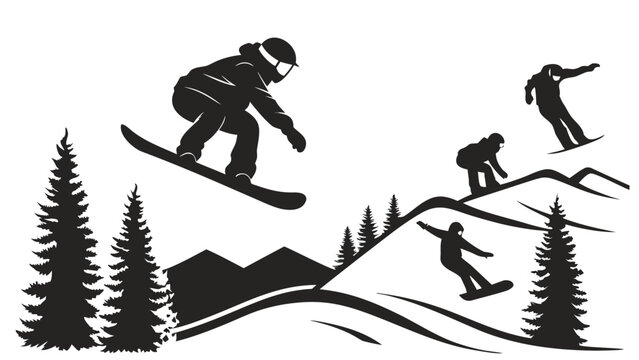 Snowboarders and skiers descend a mountain slope depicted in a striking black silhouette high quality professional