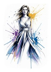 Fototapeta premium Woman in a flowing dress with abstract watercolor splashes. Fashion and art concept for design element.