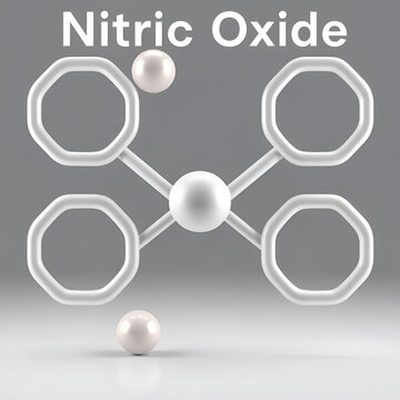 Nitric Oxide, NO, molecule model,  chemical formula. Nitrogen oxide, nitrogen monoxide or Oxidonitrogen. Ball-and-stick, nitric oxygen monoxide structural formula, nitrous azote and oxygen, 3d render
