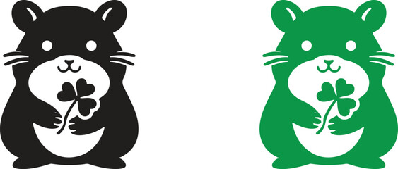 Fototapeta premium Cute hamster holding four leaf clover, lucky animal mascot icon, simple flat vector illustration, minimal cartoon rodent design