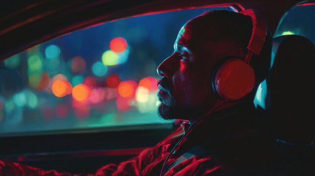 hyper realistic portrait of driver inside car at night wearing headphones, neon city reflections on window, relaxed focused expression, music during