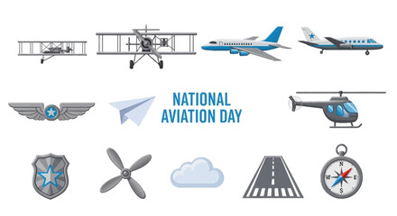 Aviationthemed icons and text NATIONAL AVIATION DAY on white background © Agung