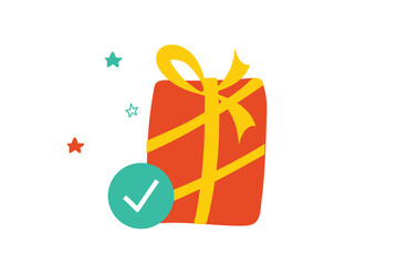  Red gift box with checkmark. Celebration, anniversary, greeting festive present and surprise decoration 