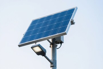 Solar panel mounted on pole with light below showing technology for electric vehicle charging and high power battery storage efficiency