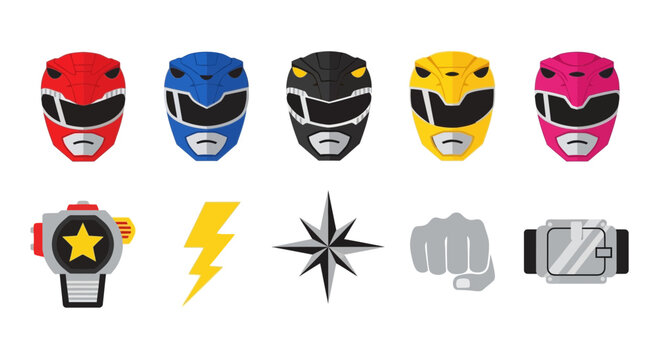 Five stylized Power Rangers helmets above five related icons on white