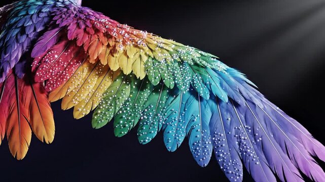 Vibrant rainbow colored wing with sparkling drops on dark background