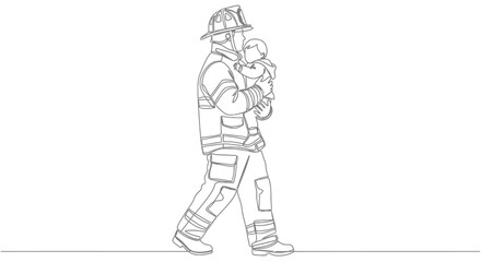 Obraz premium Firefighter Carrying Baby in Rescue, One Line Drawing Art