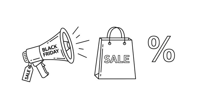 Black Friday Sale Announcement: Megaphone, Shopping Bag, and Percentage Icon