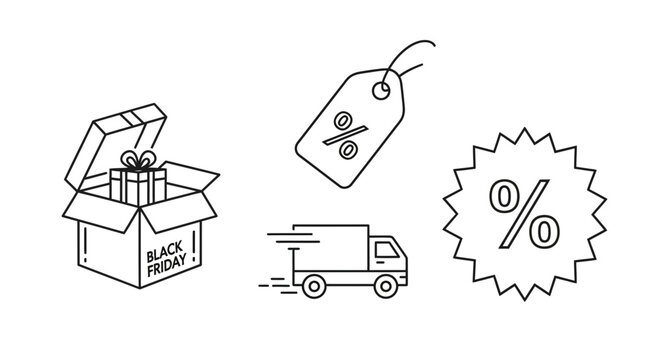 Black Friday Sale Icons: Gift Box, Discount Tags, Delivery Truck, Percentage Signs
