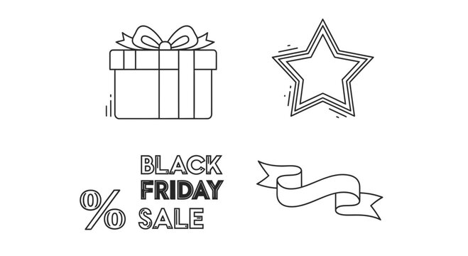 Black Friday Sale Icons: Gift Box, Star, Percentage Sign, and Ribbon Banner