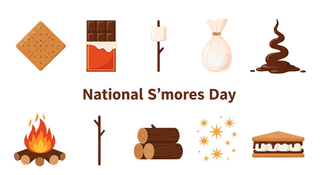 Illustration of smores ingredients and related items for National Smores Day