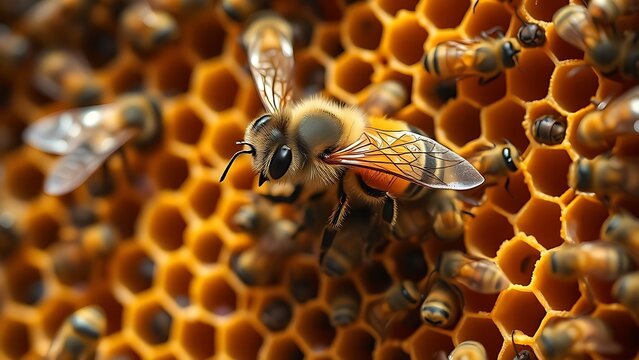 diploid. A queen bee surrounded by worker bees in a honeycomb during golden hour. wildlife magazines, conservation campaigns, designed for nature documentaries and education.