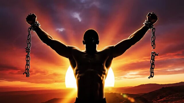 Man Breaking Chains Silhouette At Dramatic Sunset Sunrise Sky Over Mountains Epic Freedom Concept