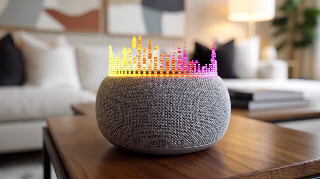 A modern smart speaker with a fabric finish displays a vibrant, colorful sound equalizer visualization, placed on a wooden coffee table in a contemporary living room setting.