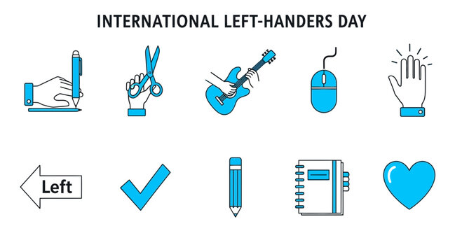 Ten blue and black line icons related to International LeftHanders Day