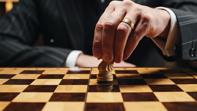 Man in striped suit moves chess piece on wooden board strategy game focused play indoors with warm lighting