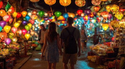 Couple walking Hoi An lantern street