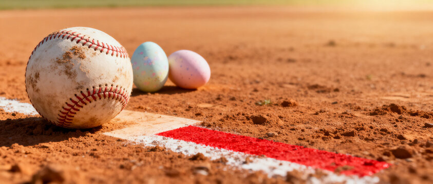 A worn baseball with detailed red stitching rests on reddish infield clay next to three pastel Easter eggs during golden hour, creating a whimsical blend of spring sports and holiday themes for season