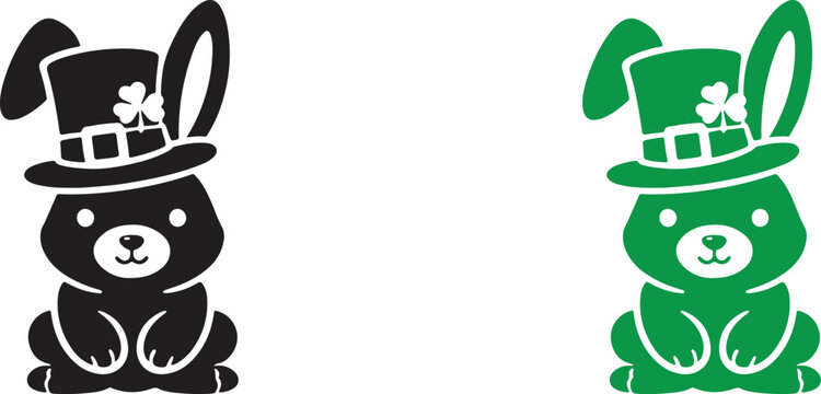 Cute bear wearing leprechaun hat with bunny ears, St Patrick day mascot, lucky animal icon with clover, minimal flat vector illustration