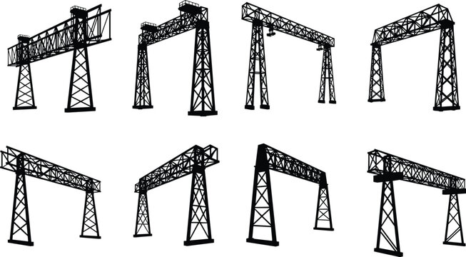 Industrial steel gantry cranes collection, construction lifting structures illustration, heavy machinery silhouettes, black and white engineering infrastructure set, design, concept