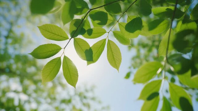 明るい太陽の光を背景に心地よい風で揺れる鮮やかな緑の葉のクローズアップ動画