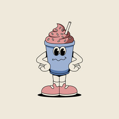 Retro cartoon drink ice cream cone Vector illustration hand drawn