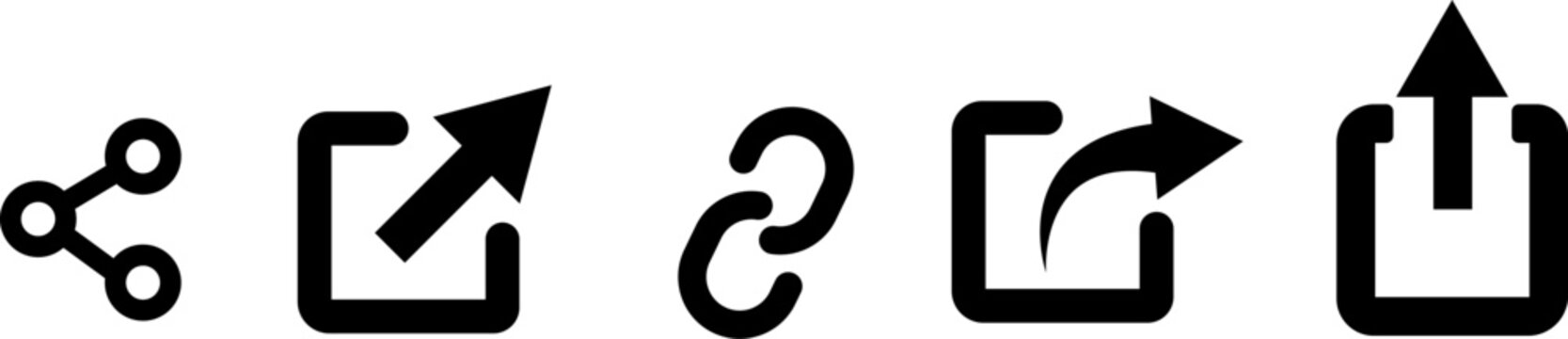 A collection of five black vector icons representing share external link chain  , export  and upload functions