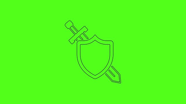 Security Protection Shield and Sword Defense Vector Line Art Icon Animation Green Screen