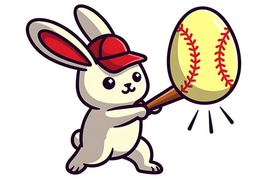 Cartoon rabbit prepares to hit a baseball wearing a red cap