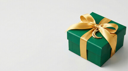 Obraz premium Luxury Green Ramadan Gift Box with Gold Ribbon and Crescent Moon Pendant on White Background