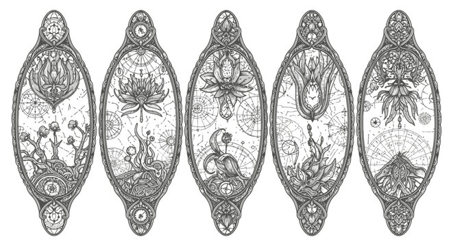 alchemical botanical art merging mystical flora clockwork celestial maps ornate vintage style for esoteric design.